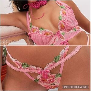Victoria’s Secret For Love & Lemons Needle Point Roses Bustier and Thong Set